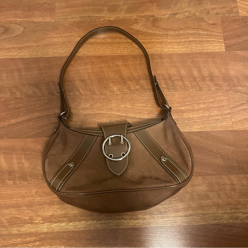Lancel Tan Shoulder Bag with Curved Shape and Metal Clasp